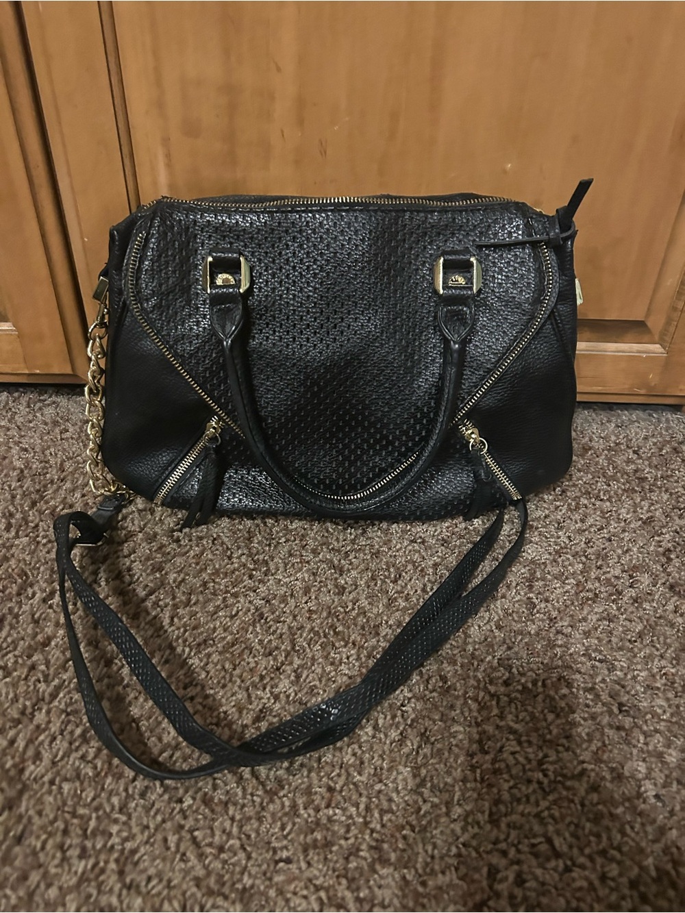 Steve Madden Black Textured Shoulder Satchel with Gold Hardware